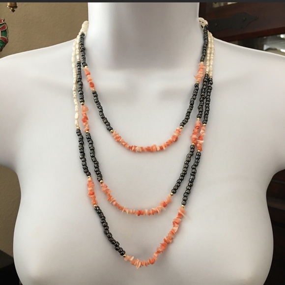 Vintage Jewelry - 3 Coral hematite pearl gold plated bead necklaces